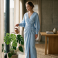 👗✨ Vestido Longo Feminino com Decote em V e Amarração – Elegância e Caimento Perfeito