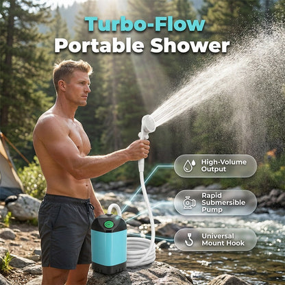 🚿🏕️ Chuveiro Portátil Turbo-Flow para Camping – Banho com Pressão Forte em Qualquer Lugar, Recarregável e Ultra Compacto