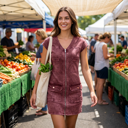 ✨ Vestido Feminino Casual com Zíper Frontal e Bolsos – Conforto e Estilo
