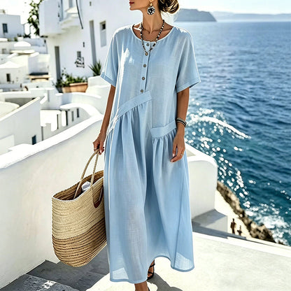 🌸👗 Vestido Longo Feminino com Botões Frontais – Elegante, Leve e Perfeito para o Dia a Dia