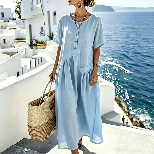 🌸👗 Vestido Longo Feminino com Botões Frontais – Elegante, Leve e Perfeito para o Dia a Dia