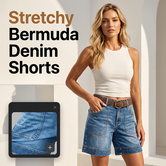 👖✨ Bermuda Jeans Feminina com Elastano – Conforto, Bolsos Cargo e Caimento Perfeito para o Verão
