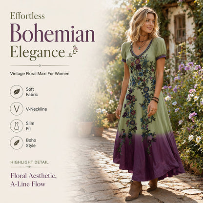 🌸👗 Vestido Maxi Floral Vintage Feminino com Decote V – Elegante, Romântico e Perfeito para o Verão