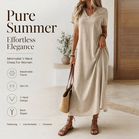 ✨👗 Vestido Longo Feminino de Manga Curta com Decote em V – Elegante, Leve e Perfeito para o Verão