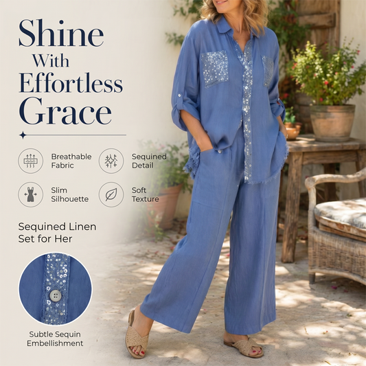 ✨👗 Conjunto Feminino Elegante de Lantejoulas – Blusa Brilhante + Calça Pantalona Para Um Look Sofisticado