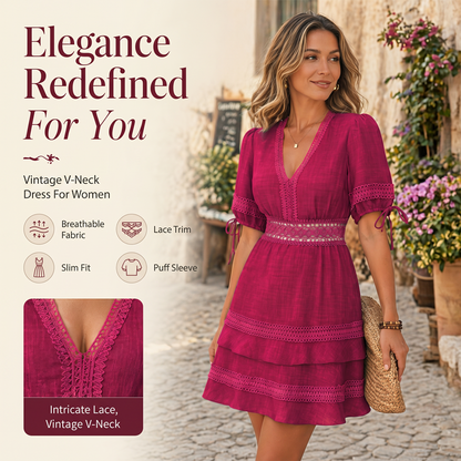 🌸👗 Vestido Feminino com Decote V e Babados de Renda – Elegante, Romântico e Encantador