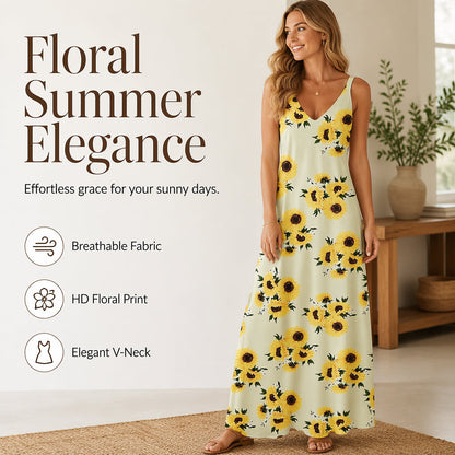 🌻✨ Vestido Feminino Maxi com Estampa de Girassol – Leve, fresco e elegante para os dias de verão