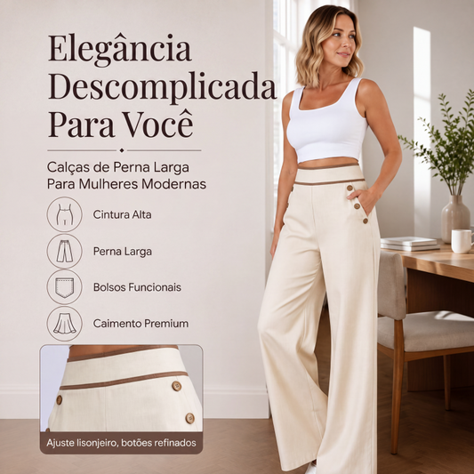 👖✨ Calça Feminina de Cintura Alta e Perna Larga com Detalhe Contrastante – Estilo moderno, conforto e elegância em uma só peça  ✔ Versão 2 (dor + solução)