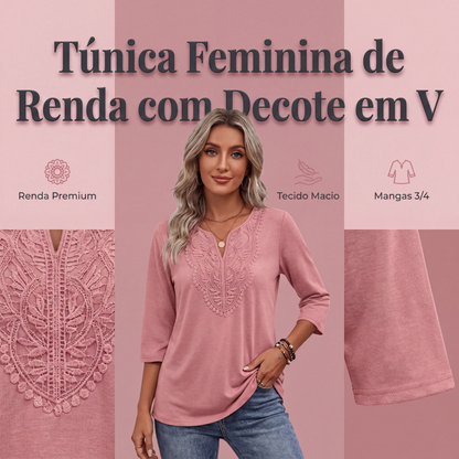 👚✨ Blusa Túnica Feminina com Gola V e Renda – Elegância, conforto e estilo sofisticado para todos os momentos