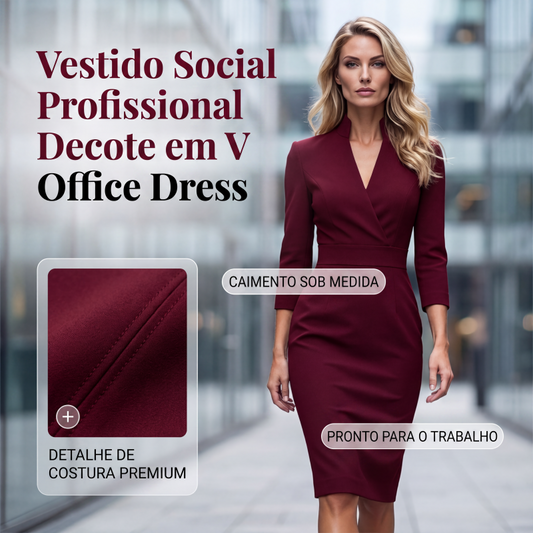 👗✨ Vestido Feminino Social Gola V – Elegância profissional, cintura modeladora e conforto para todos os momentos