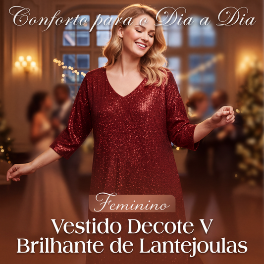 ✨👗 Vestido Feminino de Paetês com Decote em V – Brilhe em qualquer ocasião com elegância, glamour e conforto