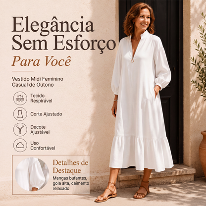 👗✨ Vestido Feminino de Gola Alta com Meio Zíper e Mangas Bufantes – Elegância moderna, conforto e estilo sofisticado