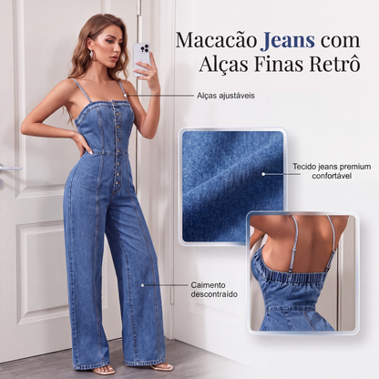 👖✨ Macacão Jeans Wide Leg Feminino – Estilo moderno com cintura alta e conforto para o dia todo