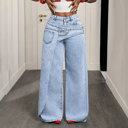 👖✨ Calça Jeans Wide Leg Feminina com Cintura Assimétrica – Estilo moderno e silhueta elegante para todos os dias
