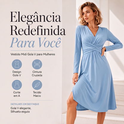 👗✨ Vestido Midi Feminino com Decote em V – Elegância, conforto e um caimento sofisticado para qualquer ocasião