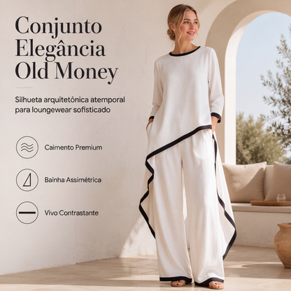 ✨👗 Conjunto Feminino Old Money Elegante – Túnica assimétrica e calça pantalona para um visual sofisticado e confortável