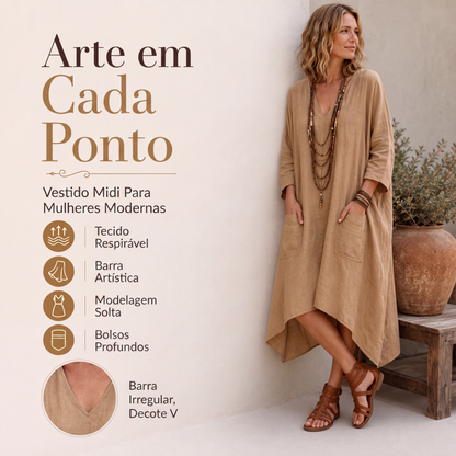 👗✨ Vestido Assimétrico Feminino com Gola V – Caimento solto e elegante para um visual moderno e confortável