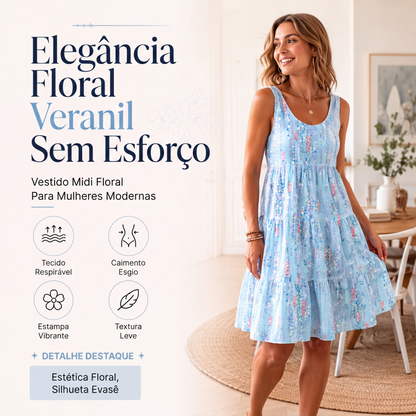 ✨👗 Vestido Midi Feminino Sem Mangas com Babados – Elegância leve, caimento confortável e estilo encantador para todos os momentos
