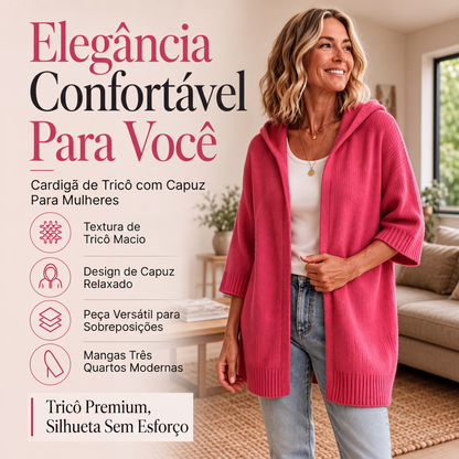 🧶✨ Cardigan Feminino de Tricô com Capuz e Manga 3/4 – Conforto Aconchegante e Estilo Versátil para o Dia a Dia