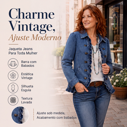 👖✨ Jaqueta Jeans Feminina com Babados e Abotoamento Duplo – Estilo Elegante e Moderno para Valorizar Seus Looks
