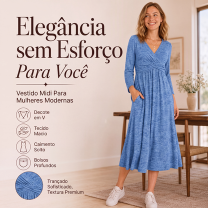 👗✨ Vestido Feminino Transpassado com Decote em V e Bolsos – Elegante, Confortável e Valoriza a Silhueta
