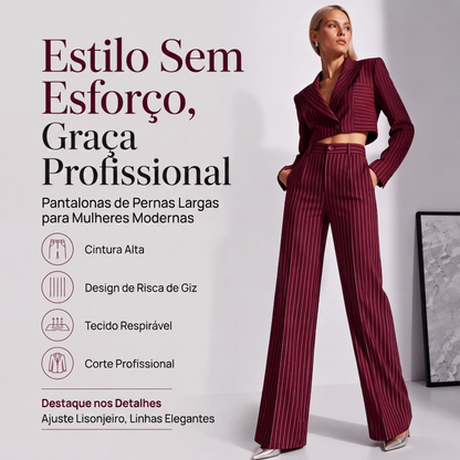 👖✨ Calça Feminina Listrada de Cintura Alta e Perna Larga – Alongue sua silhueta com elegância e conforto