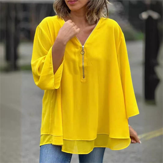 👚✨ Blusa Feminina com Decote em V e Zíper – Elegância, conforto e caimento sofisticado para todos os dias