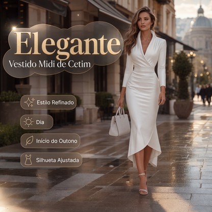 👗✨ Vestido Midi Feminino de Cetim com Decote em V – Elegância sofisticada, cintura valorizada e caimento fluido