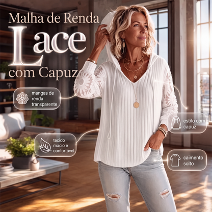 🧶✨ Blusa Feminina de Tricô com Capuz e Renda – Conforto macio, estilo elegante e toque feminino