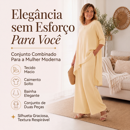 👚✨ Conjunto Feminino Chique com Blusa Assimétrica + Calça de Perna Larga – Elegância moderna e conforto em um só look