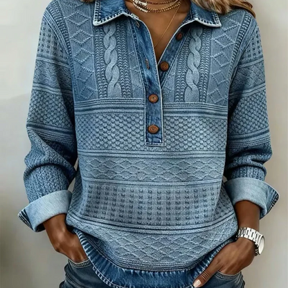 🔥👚 50% OFF! Camisa Feminina com Patchwork Jeans – Elegante, Confortável e Moderna