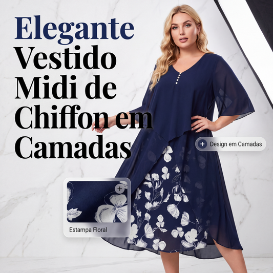 👗✨ Vestido Midi de Chiffon em Camadas – Elegância fluida, caimento favorecedor e estilo sofisticado