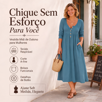 👗✨ Vestido Feminino Plissado com Botões e Decote V – Elegância delicada, caimento fluido e estilo feminino