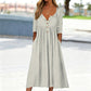 👗✨ Vestido Feminino Plissado com Botões e Decote V – Elegância delicada, caimento fluido e estilo feminino