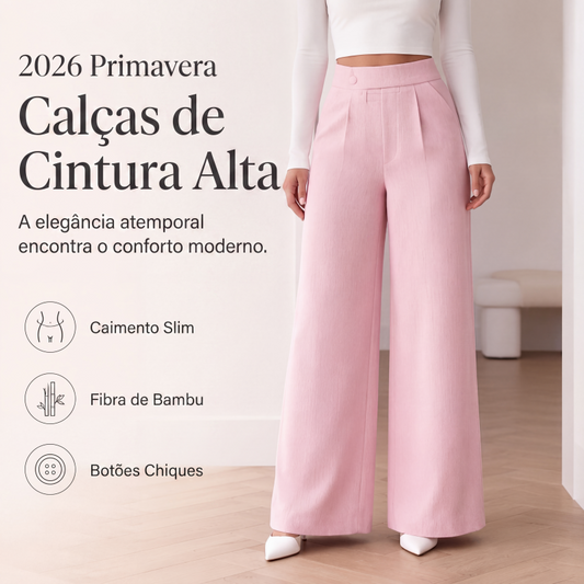👖✨ Calça Feminina de Cintura Alta e Perna Larga – Silhueta alongada, caimento fluido e conforto para o dia todo