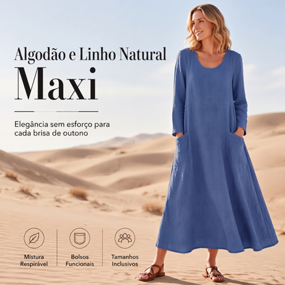 👗✨ Vestido Longo Feminino de Algodão e Linho – Caimento em A, bolsos práticos e conforto para o dia todo