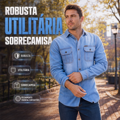 👔✨ Camisa Masculina Estilo Jeans em Algodão – Conforto, bolsos funcionais e visual clássico para o dia a dia