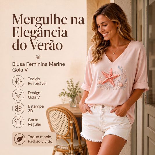 👚✨ Camiseta Feminina com Decote em V e Estampa – Estilo Moderno, Conforto e Elegância no Dia a Dia