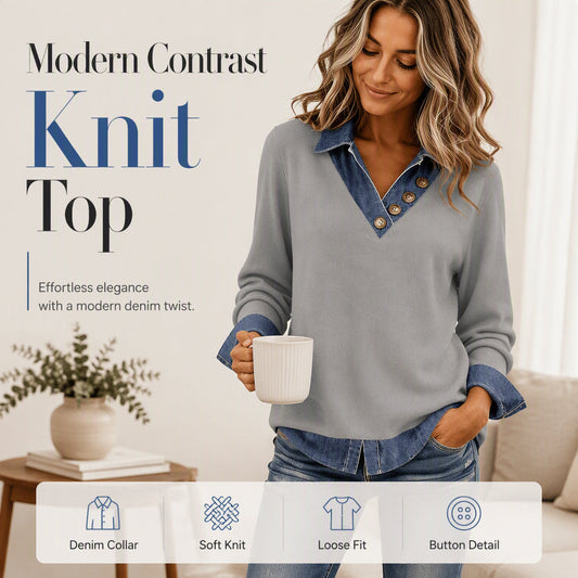 🔥👚 50% OFF! Blusa Feminina de Malha com Detalhes Jeans – Decote V, Botões e Estilo em Camadas