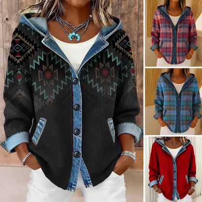 🔥🧥 50% OFF! Jaqueta Feminina com Capuz e Patchwork Jeans – Estilosa, Confortável e Versátil