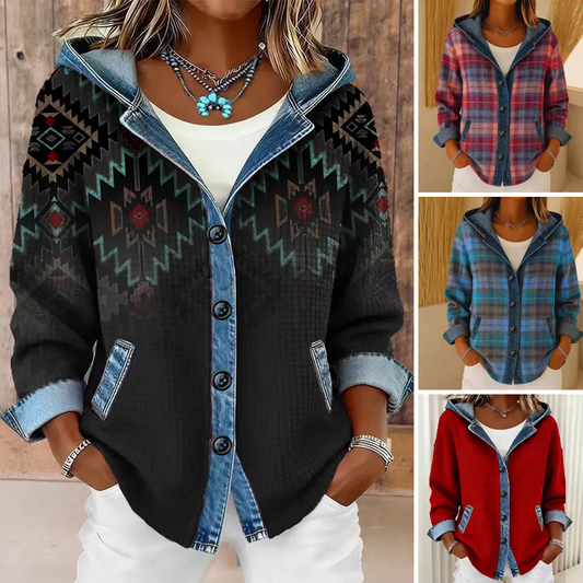 🔥🧥 50% OFF! Jaqueta Feminina com Capuz e Patchwork Jeans – Estilosa, Confortável e Versátil