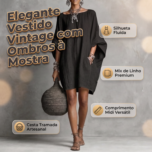 👗✨ Vestido Feminino Midi Ombro a Ombro – Elegância Vintage, Caimento Solto e Conforto o Dia Todo