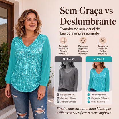 ✨👚 Blusa Feminina Elegante com Paetês e Decote em V – Brilho Sofisticado, Feminilidade e Estilo