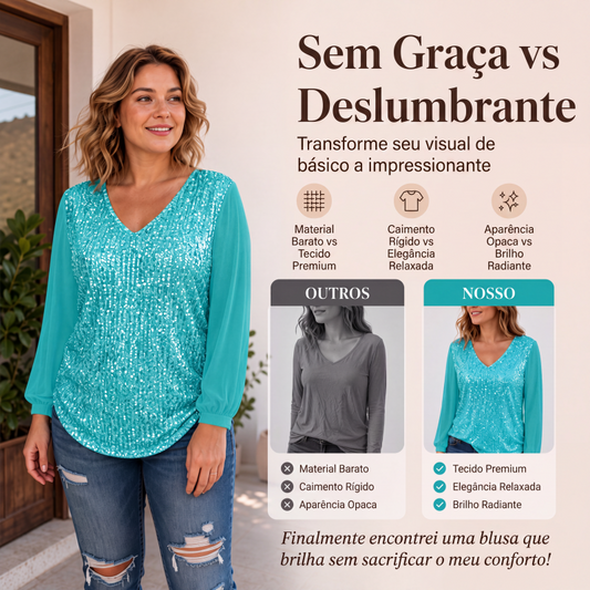 ✨👚 Blusa Feminina Elegante com Paetês e Decote em V – Brilho Sofisticado, Feminilidade e Estilo
