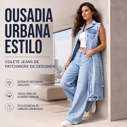 👖🔥 Colete Jeans Feminino Sem Mangas com Patchwork – Estilo Urbano, Caimento Moderno e Visual Ousado