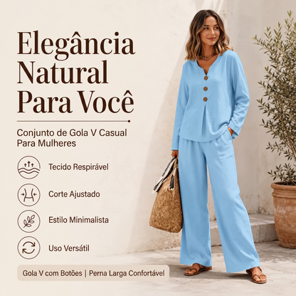 🔥👗 50% OFF! Conjunto Feminino com Blusa de Manga Comprida e Calça de Perna Larga – Elegante, Confortável e Versátil