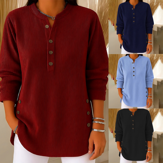 🔥👚 50% OFF! Blusa Feminina Henley de Veludo Cotelê – Macia, Quentinha e Elegante para o Dia a Dia