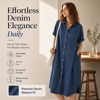 🔥👗 50% OFF! Vestido Jeans Feminino Folgado com Botões na Frente – Confortável, Casual e Elegante