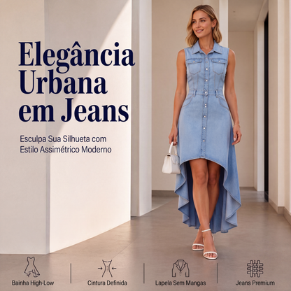 🔥👗 50% OFF! Vestido Jeans Feminino Longo Sem Mangas – Cintura Marcada, Elegante e Moderno