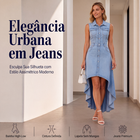🔥👗 50% OFF! Vestido Jeans Feminino Longo Sem Mangas – Cintura Marcada, Elegante e Moderno